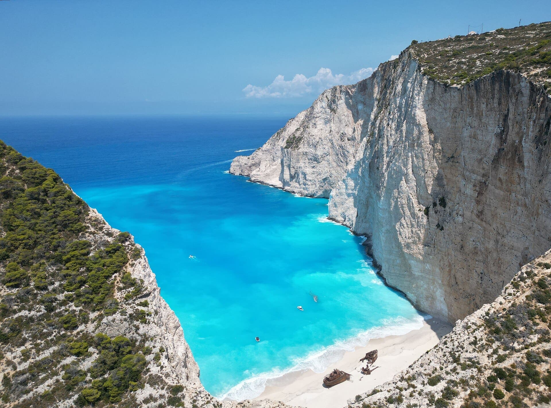 Navagio beach on Zakynthos with its white cliffs and turquoise water