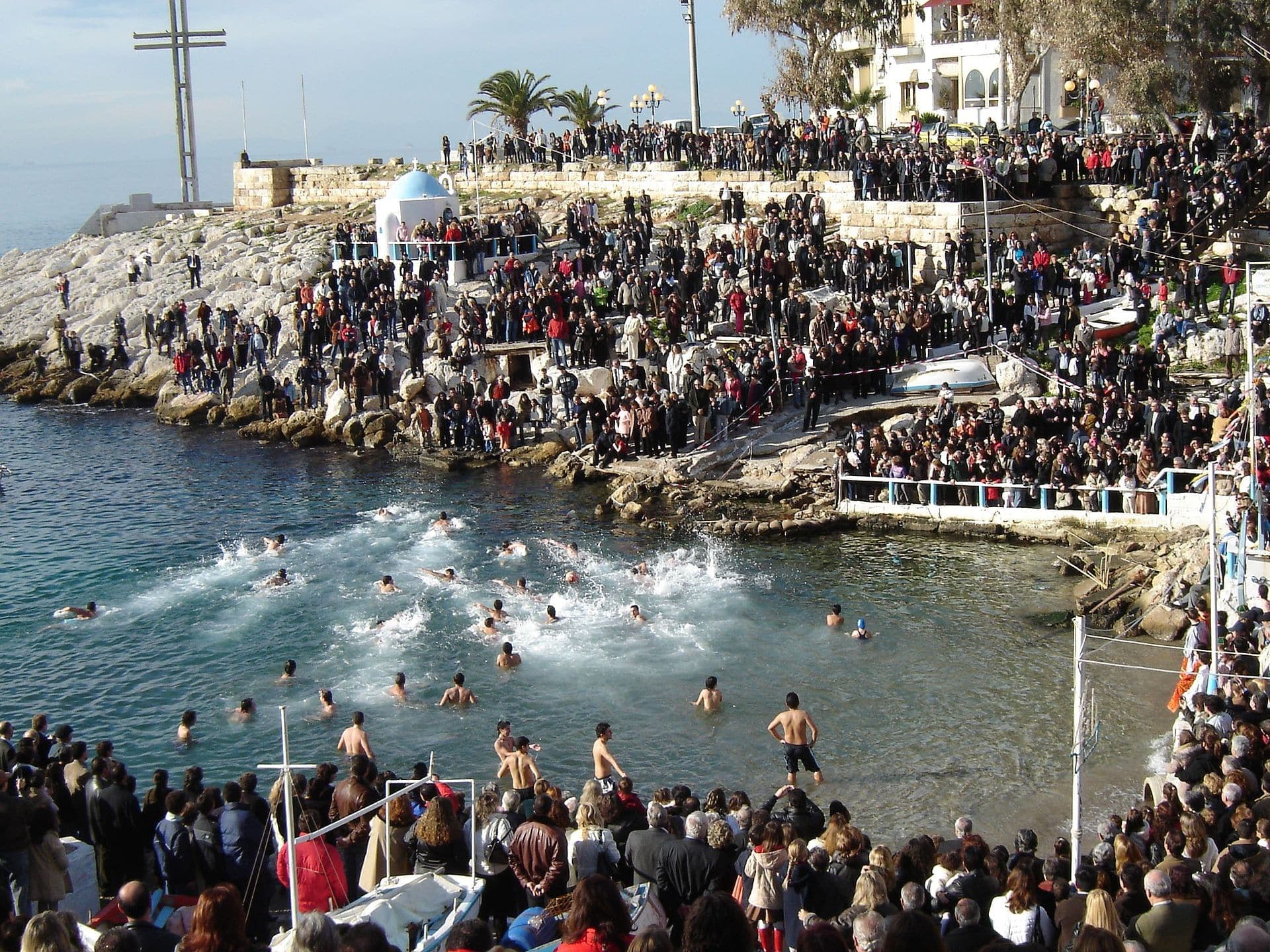Crowd on the Piraeus shore for the blessing of the waters at Epiphany