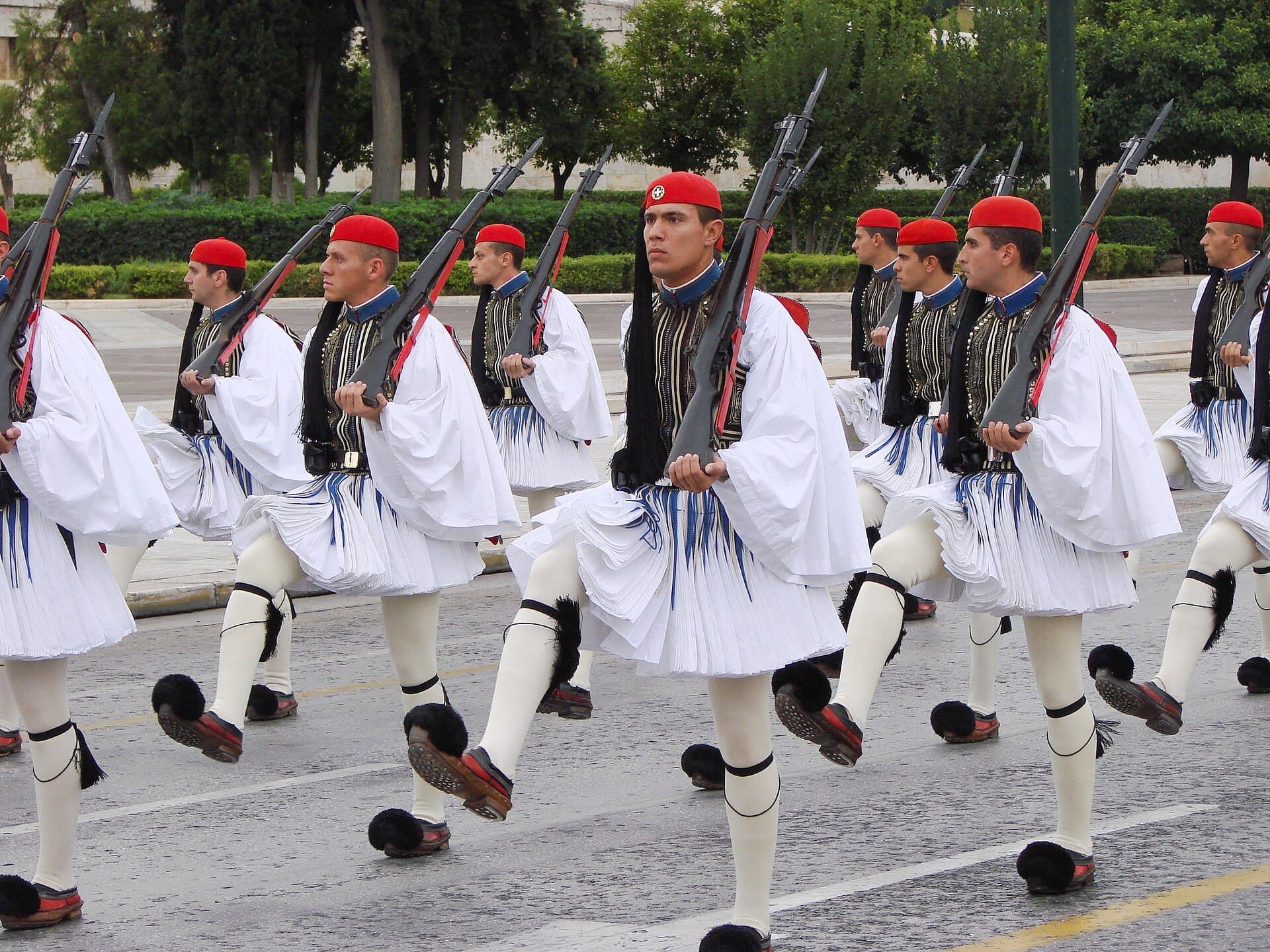Evzones marching at the changing of the guard on Syntagma Square