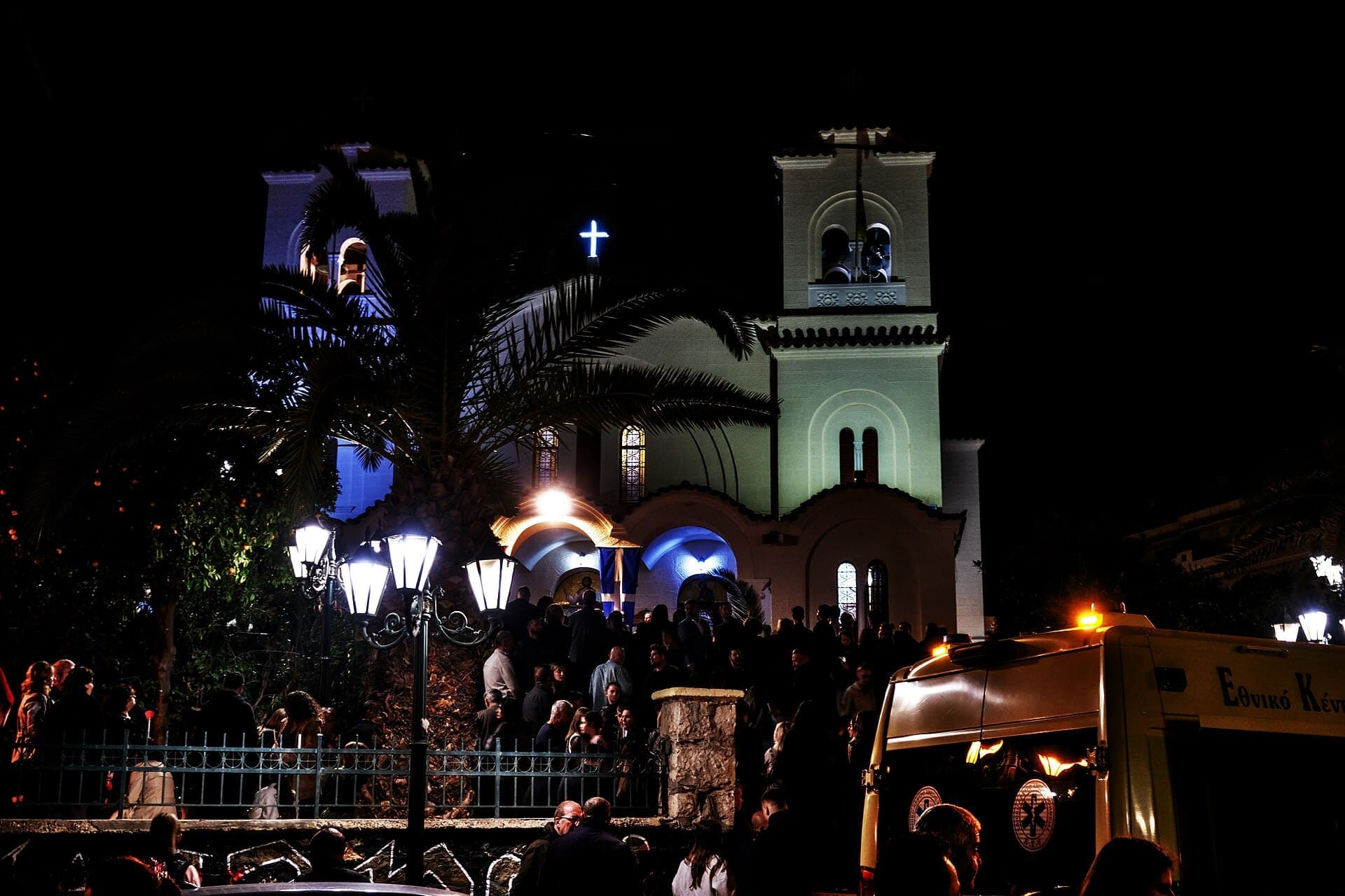 A church lit up for the Easter midnight service