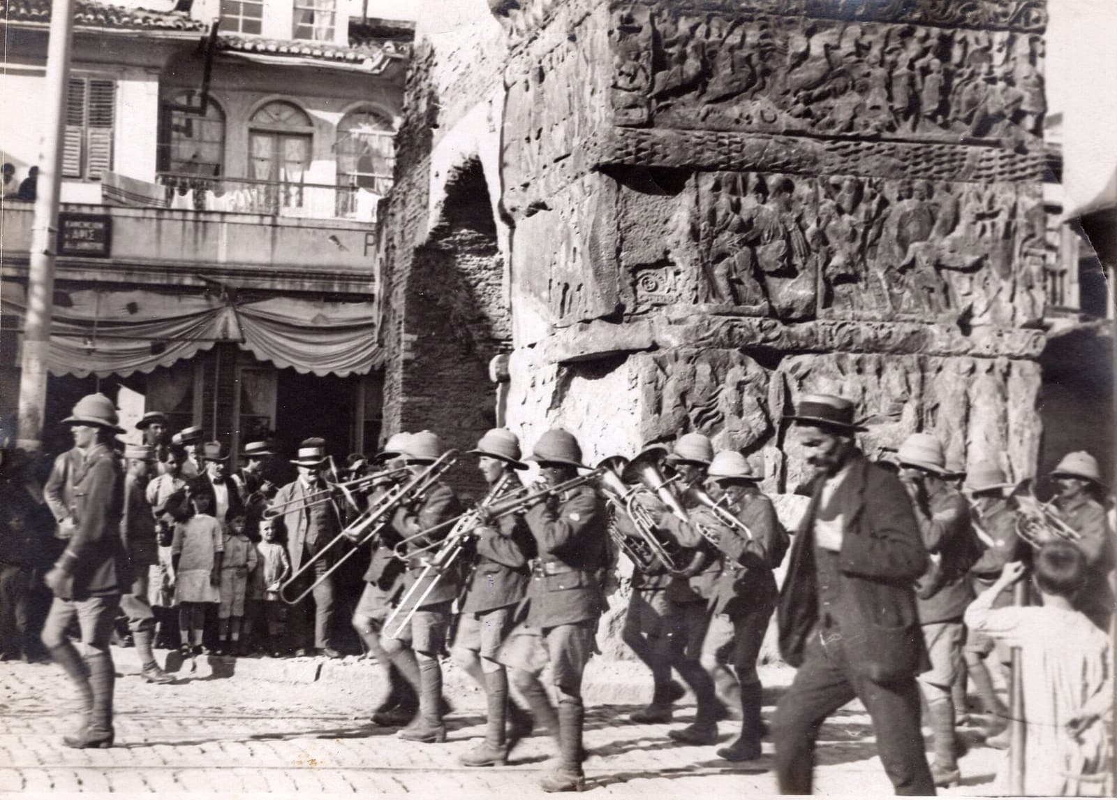Historic photograph of a military parade in Thessaloniki