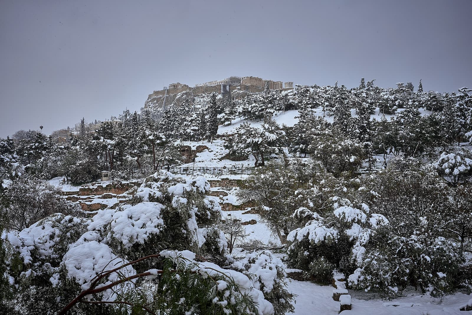 Snow on the slopes below the Acropolis of Athens