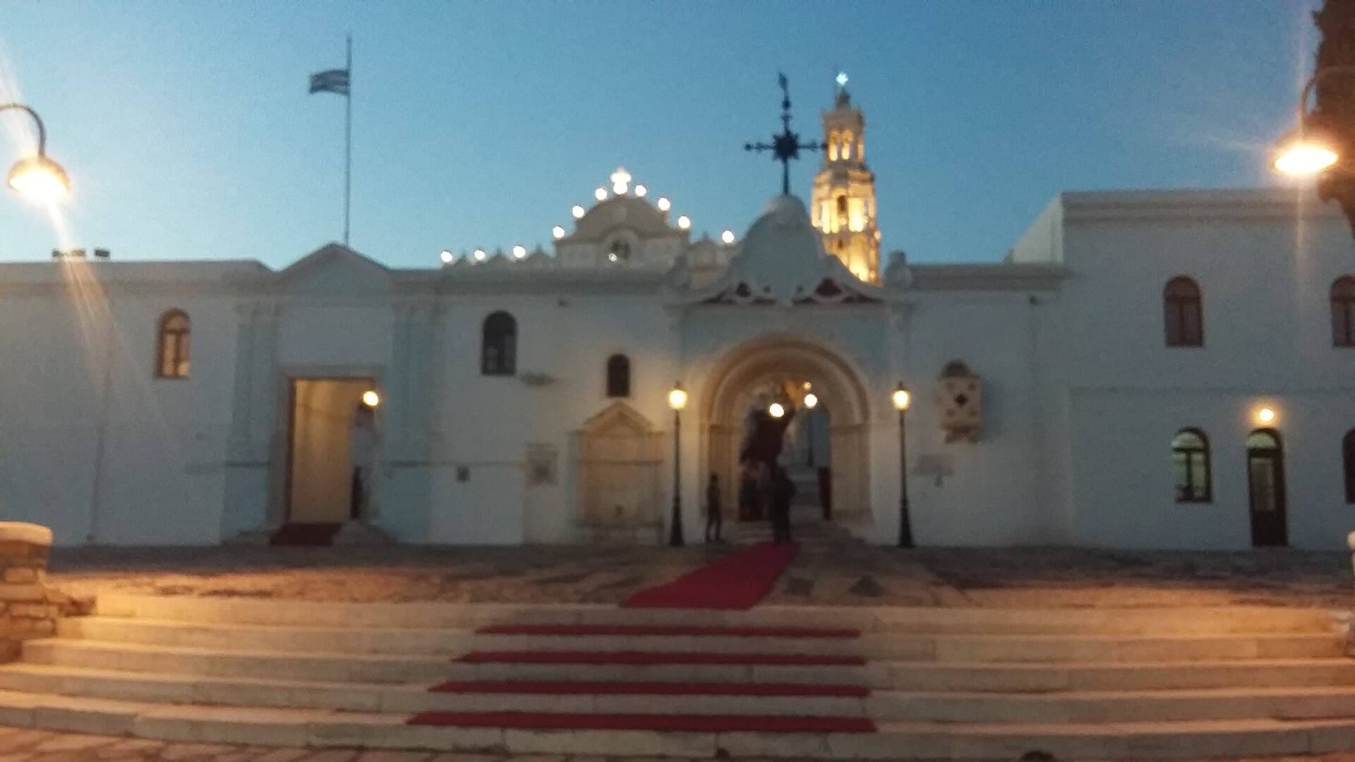 The church of Panagia Evangelistria on Tinos lit for the feast