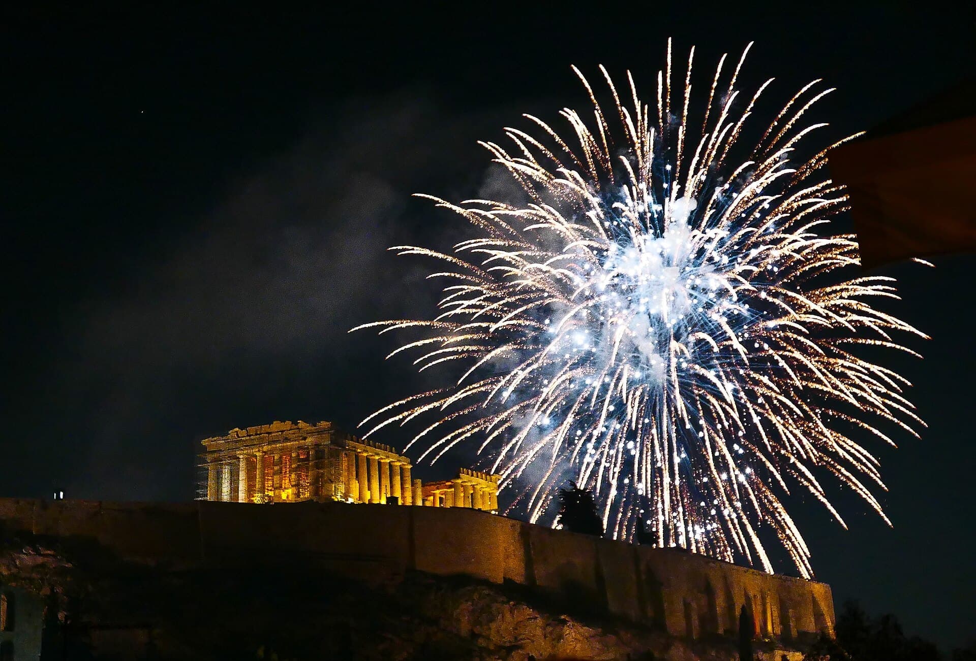 New Year fireworks bursting over the Acropolis of Athens