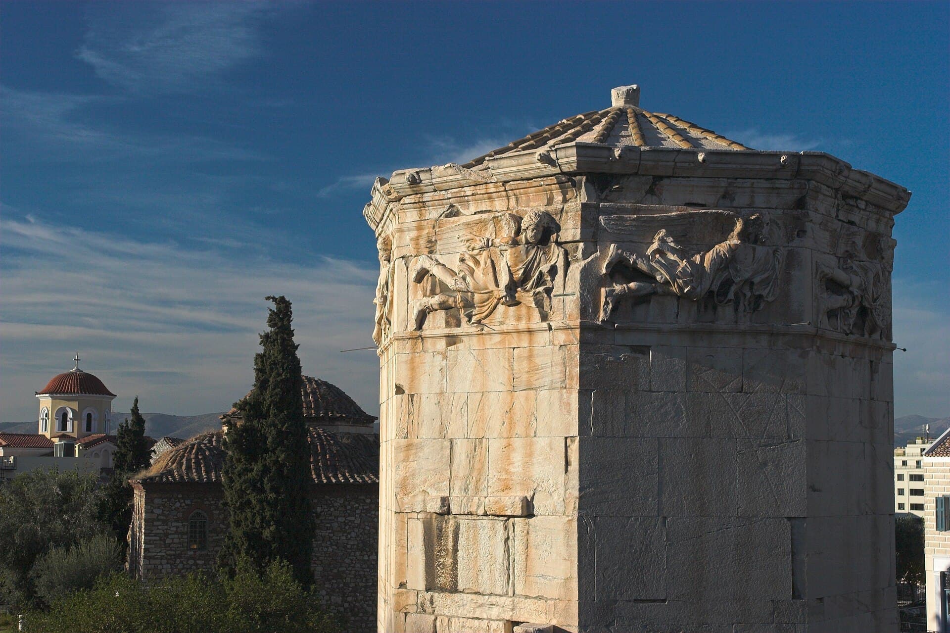 The Tower of the Winds in Athens, the ancient clock tower of the Roman Agora